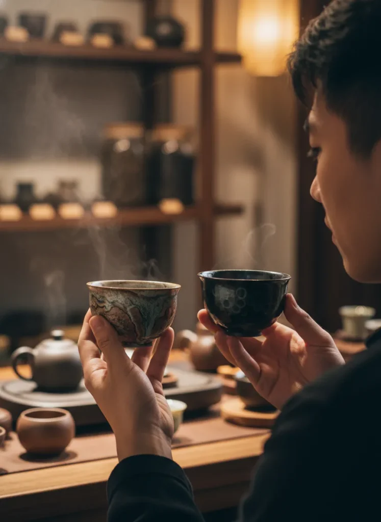 Wood-Fired vs Electric-Fired Jian Zhan: Key Differences & How to Choose 5 Person choosing between wood-fired and electric-fired Jian Zhan tea cups in a tea shop