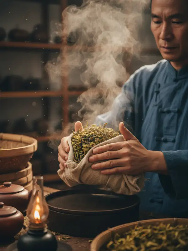 Men huan smothering process Tea master performing the men huan smothering process for yellow tea