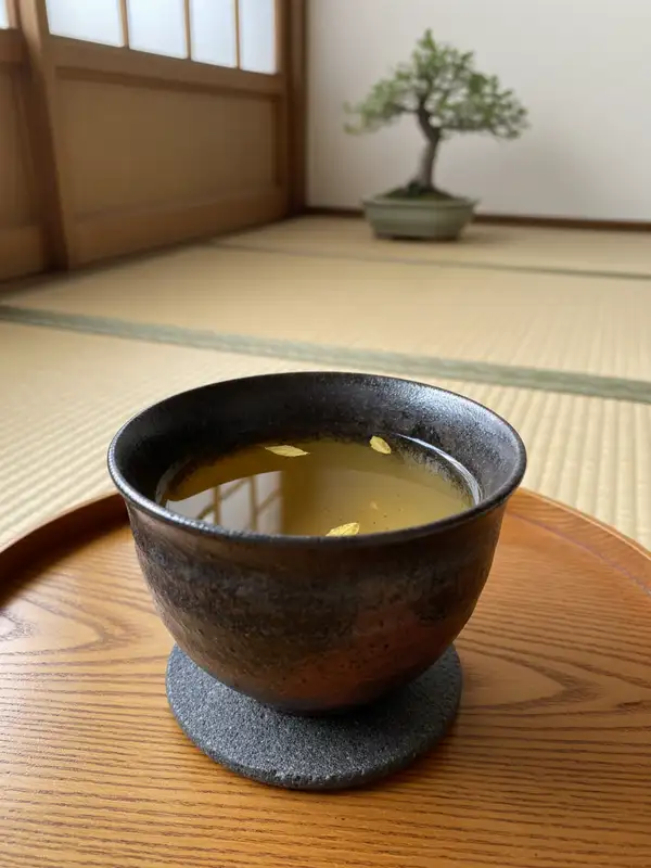 Yellow tea in tenmoku cup Yellow tea served in a tenmoku tea cup on a wooden tray