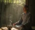 Zen monk meditating with tea bowl in tranquil morning light