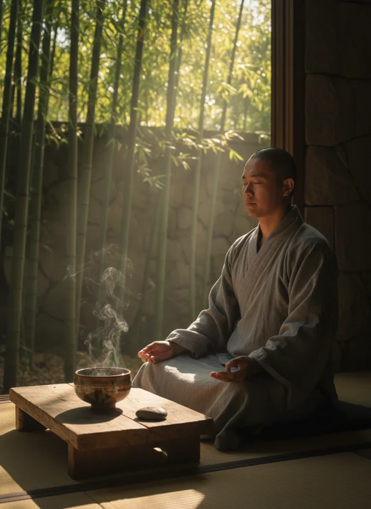 Zen monk meditating with tea bowl in tranquil morning light