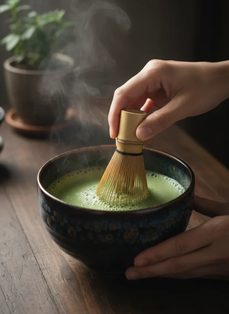 Zen Buddhism and the Art of Tea: A Spiritual Guide 4 Hands whisking matcha in Jian Zhan bowl during mindful tea preparation
