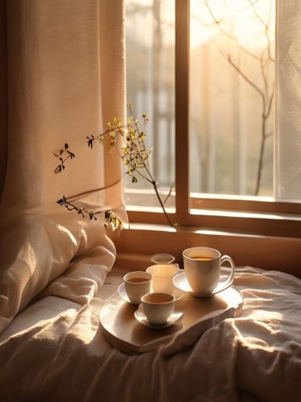 morning tea ritual tenmoku cup warm light window peaceful scene minimalist bedro