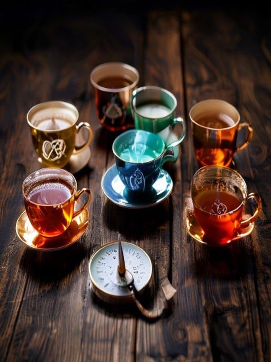 Six tea vessels temperature test with thermometer on dark table
