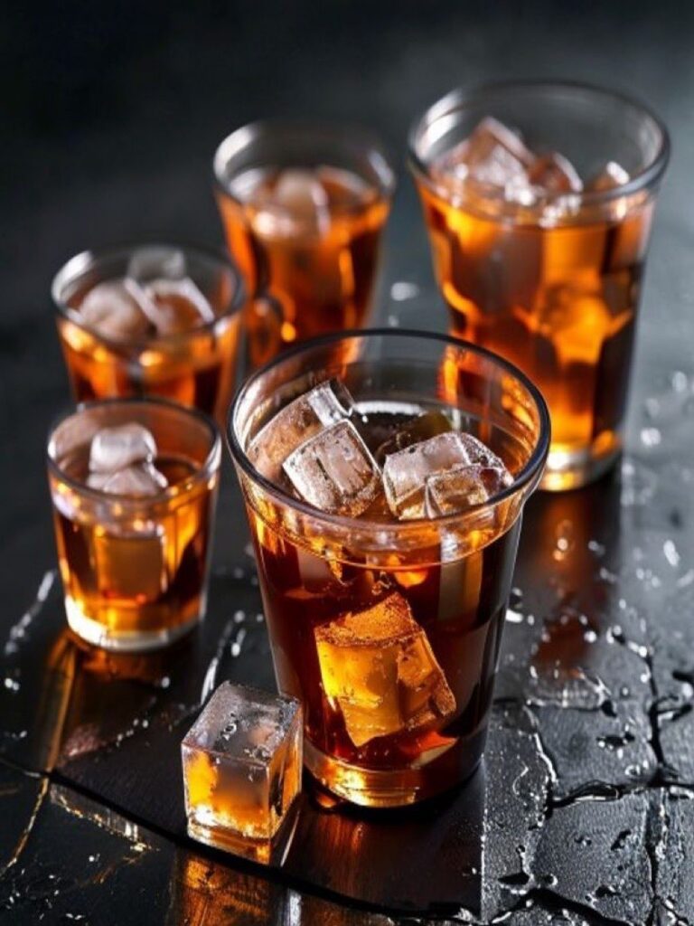 Tenmoku cup with cold brew iced tea and ice cubes on dark surface
