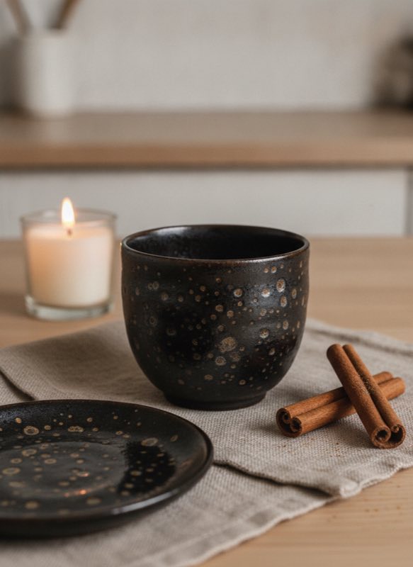 Oil spot Tenmoku cup in a Nordic kitchen Oil spot Tenmoku cup in a Nordic kitchen