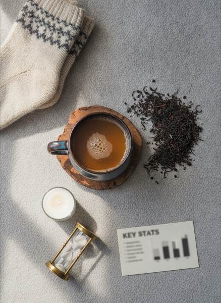 Tenmoku tea break flat lay with candle and book Tenmoku tea break flat lay with candle and book