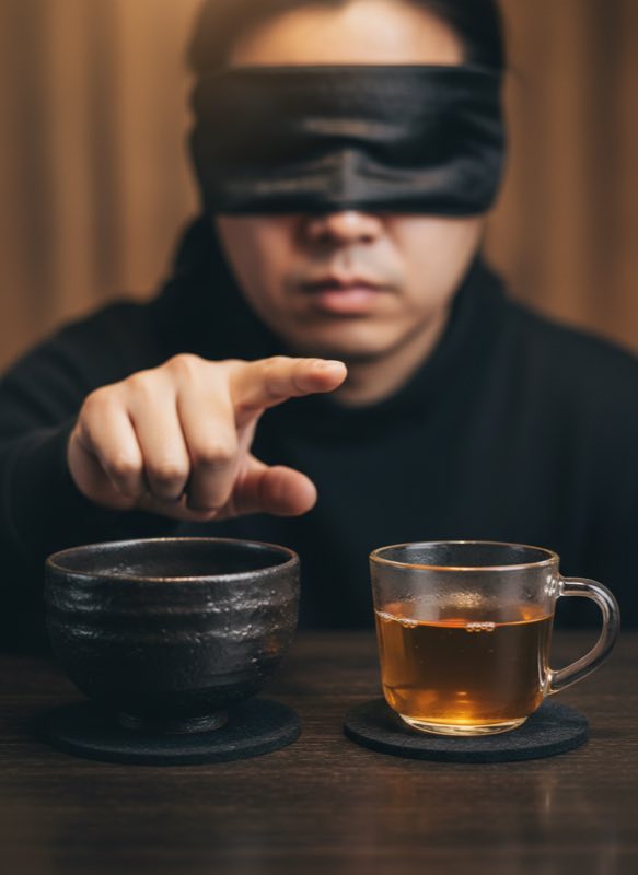 Hand choosing between tenmoku and glass cup