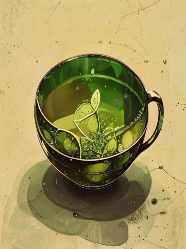 tenmoku tea cup green tea molecular chemistry artistic scientific illustration w