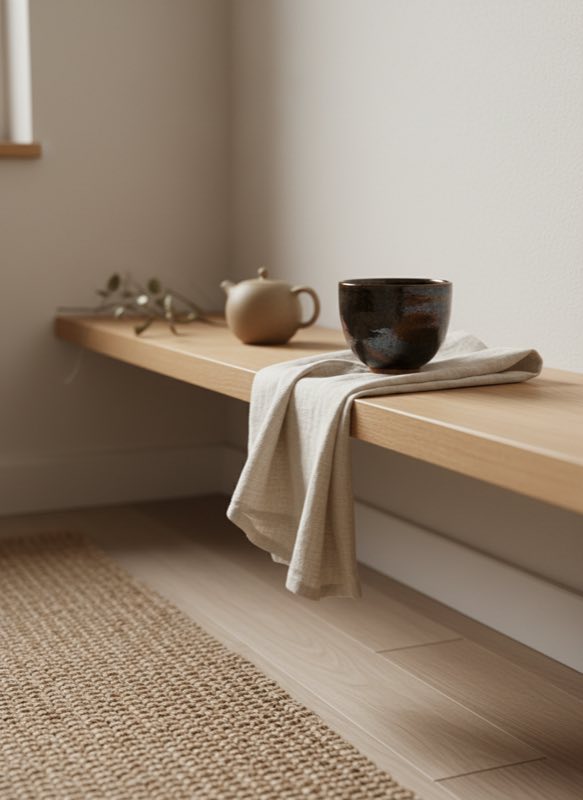 Japandi minimalist tea corner with warm wood shelf and dark handmade ceramic cup