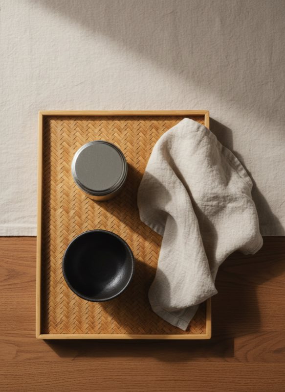 Overhead layout of a budget Japandi tea station with tray cup tea tin and linen cloth Overhead layout of a budget Japandi tea station with tray cup tea tin and linen cloth