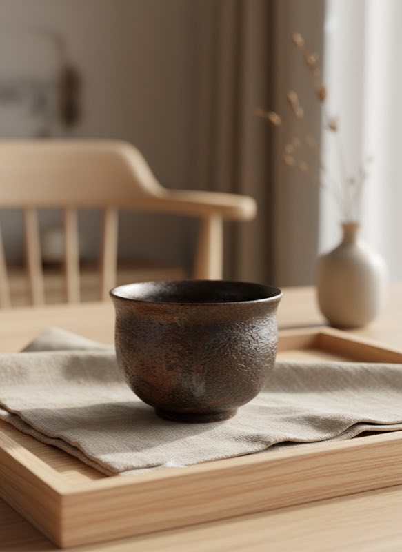 Close detail of a dark Tenmoku tea cup used as the focal object in a minimalist tea space Close detail of a dark Tenmoku tea cup used as the focal object in a minimalist tea space