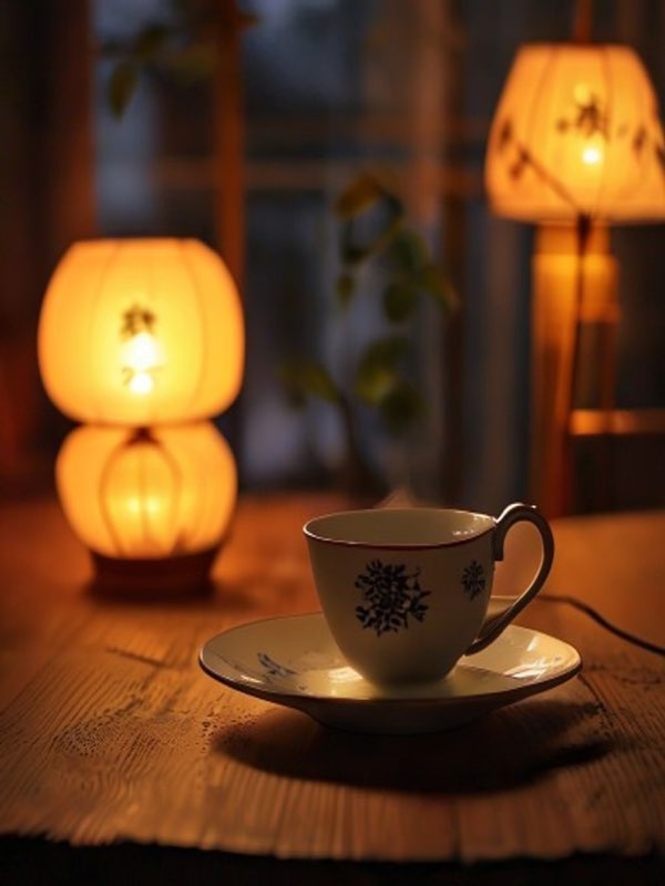 peaceful evening tea session tenmoku cup warm lamp light no phone cozy room