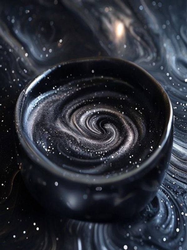 tenmoku tea cup galaxy pattern swirling bands black glaze dramatic lighting clos