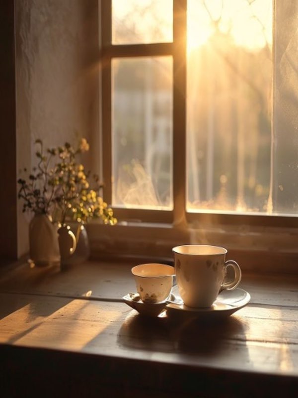 slow morning tea ritual tenmoku cup soft dawn light window peaceful kitchen scen