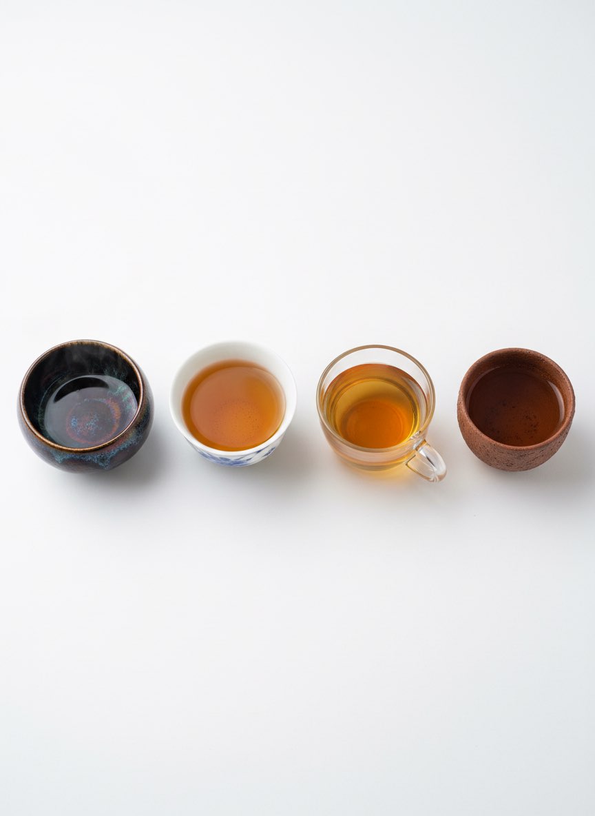 Tea cup material comparison Side-by-side comparison of tenmoku porcelain glass and Yixing tea cups