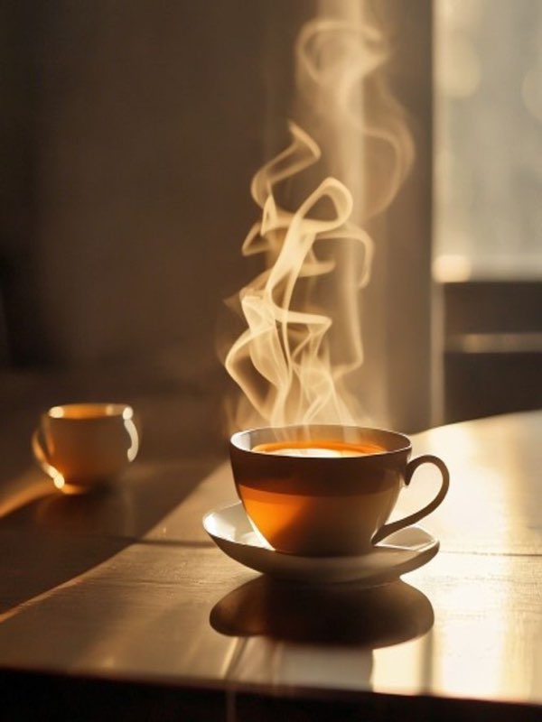 peaceful desk tea meditation tenmoku cup steam rising office minimalist warm lig