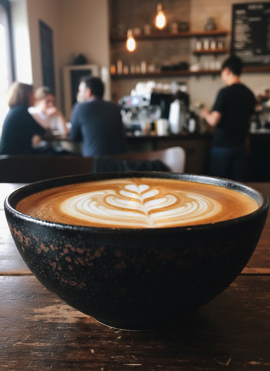 Latte art in Tenmoku bowl with microfoam