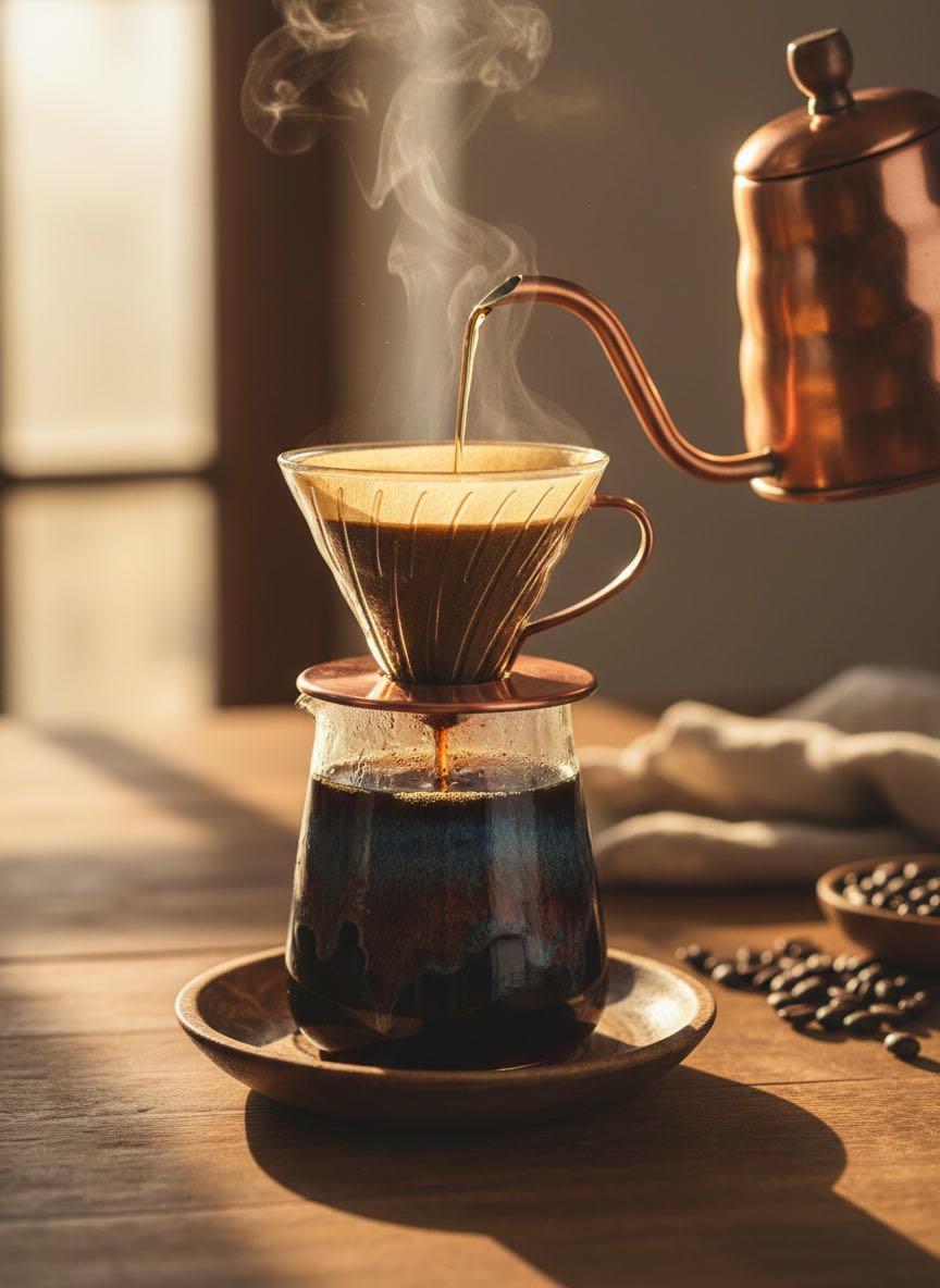 Pour-over coffee in Tenmoku cup with gooseneck kettle