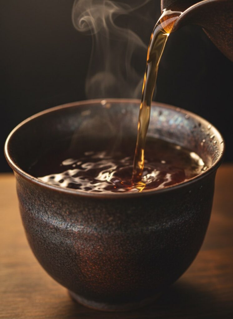 Tenmoku iron glaze tea cup with oolong tea being poured
