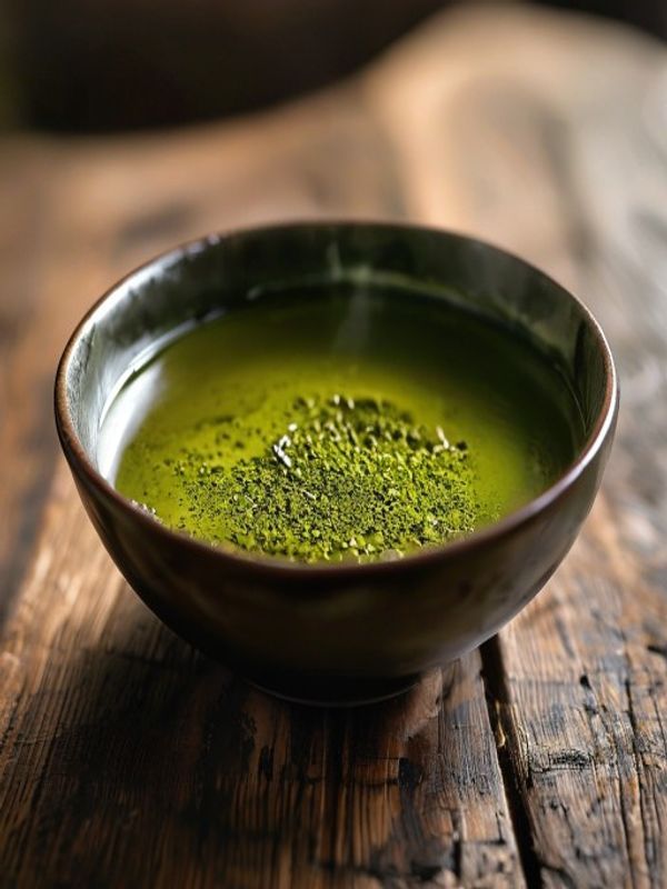 Tenmoku Bowl with Matcha Tenmoku tea bowl with oil-spot glaze filled with matcha