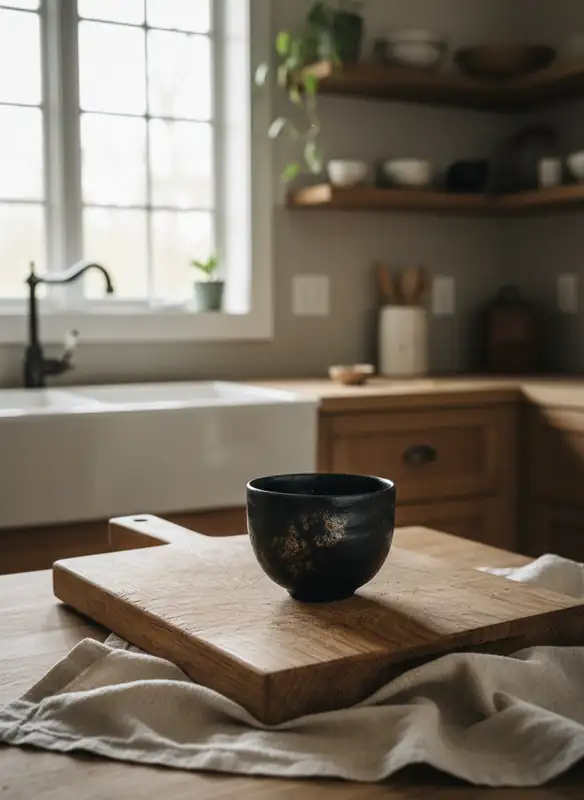 Wabi-sabi kitchen tea corner with handmade Tenmoku cup