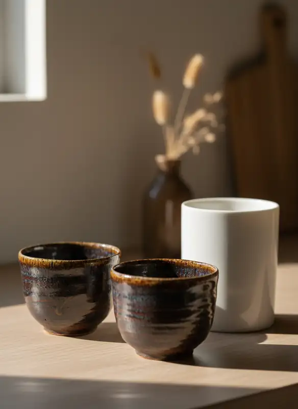 Imperfect handmade Tenmoku ceramic beside mass-produced mug Imperfect handmade Tenmoku ceramic beside mass-produced mug