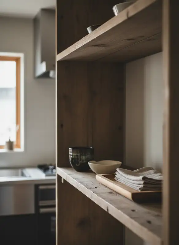 Wabi-sabi open kitchen shelf with breathing room and tea cup Wabi-sabi open kitchen shelf with breathing room and tea cup