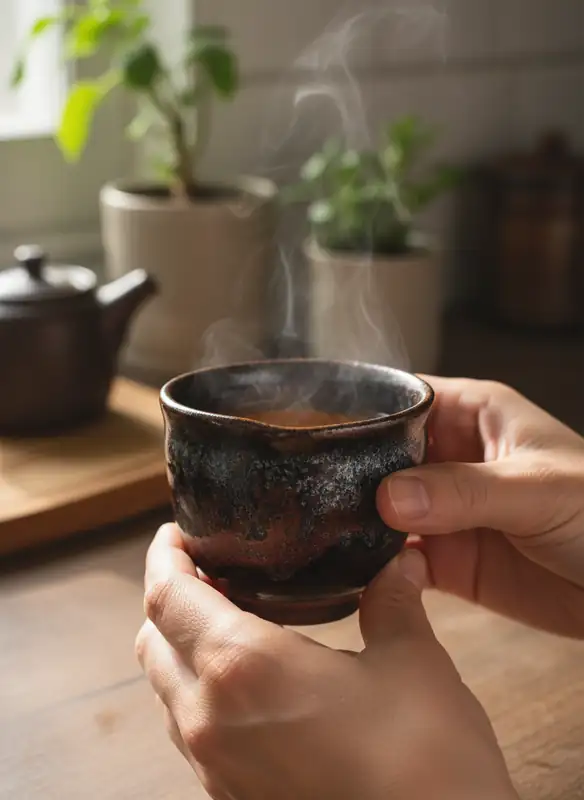 Hands holding a warm handmade Tenmoku tea cup in a quiet kitchen Hands holding a warm handmade Tenmoku tea cup in a quiet kitchen