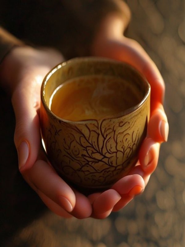 hands holding tenmoku tea cup close up warm light texture glaze neuroscience tou